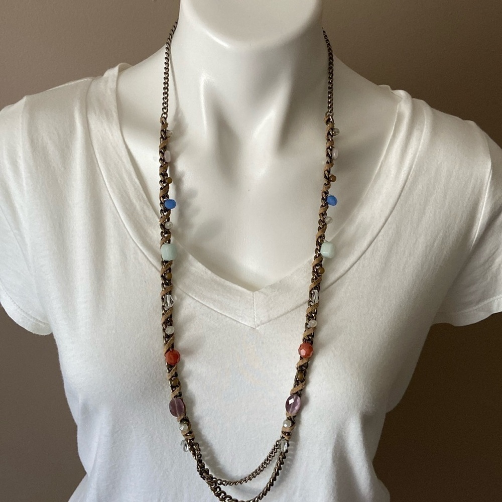Loft Long Multicolored Bohemian Beaded Bronze Chain Necklace